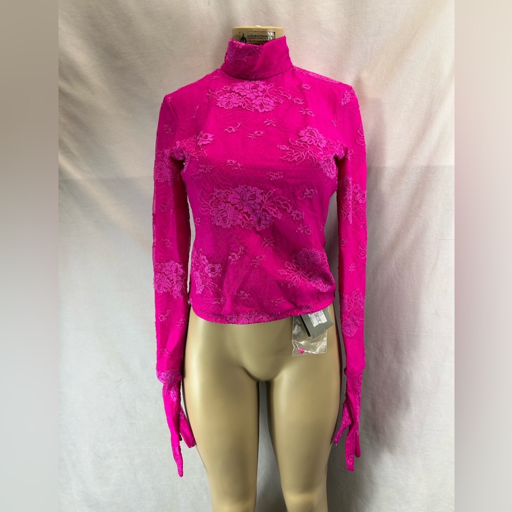 Balenciaga 
Floral lace mockneck gloved top